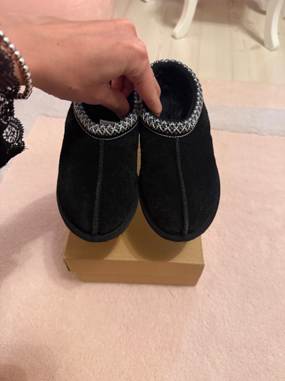 UGG Kids Black Slip-On Suede Slippers with Braided Trim